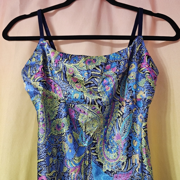 Vintage 90's Slip Chemise Nightgown Paisley Green Blue Sexy Silky - Picture 2 of 7